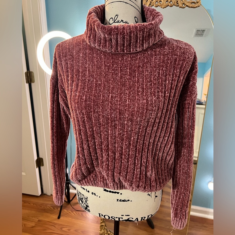 Hippie Rose Pink Velvet Ribbed Turtleneck Sweater